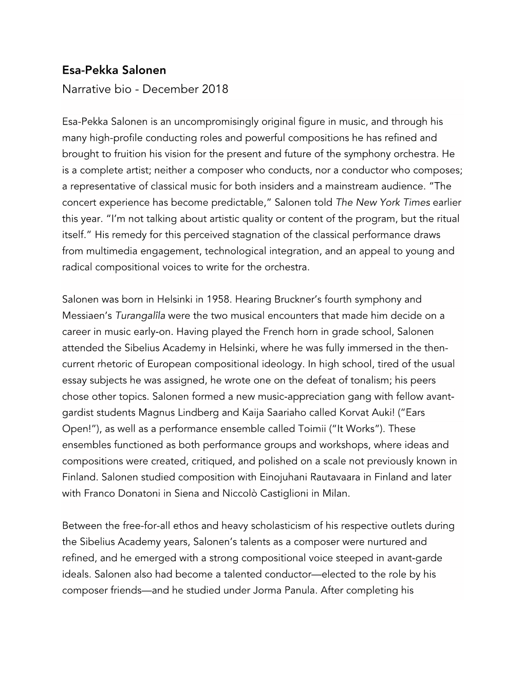 Salonen Narrative Bio - December 2018