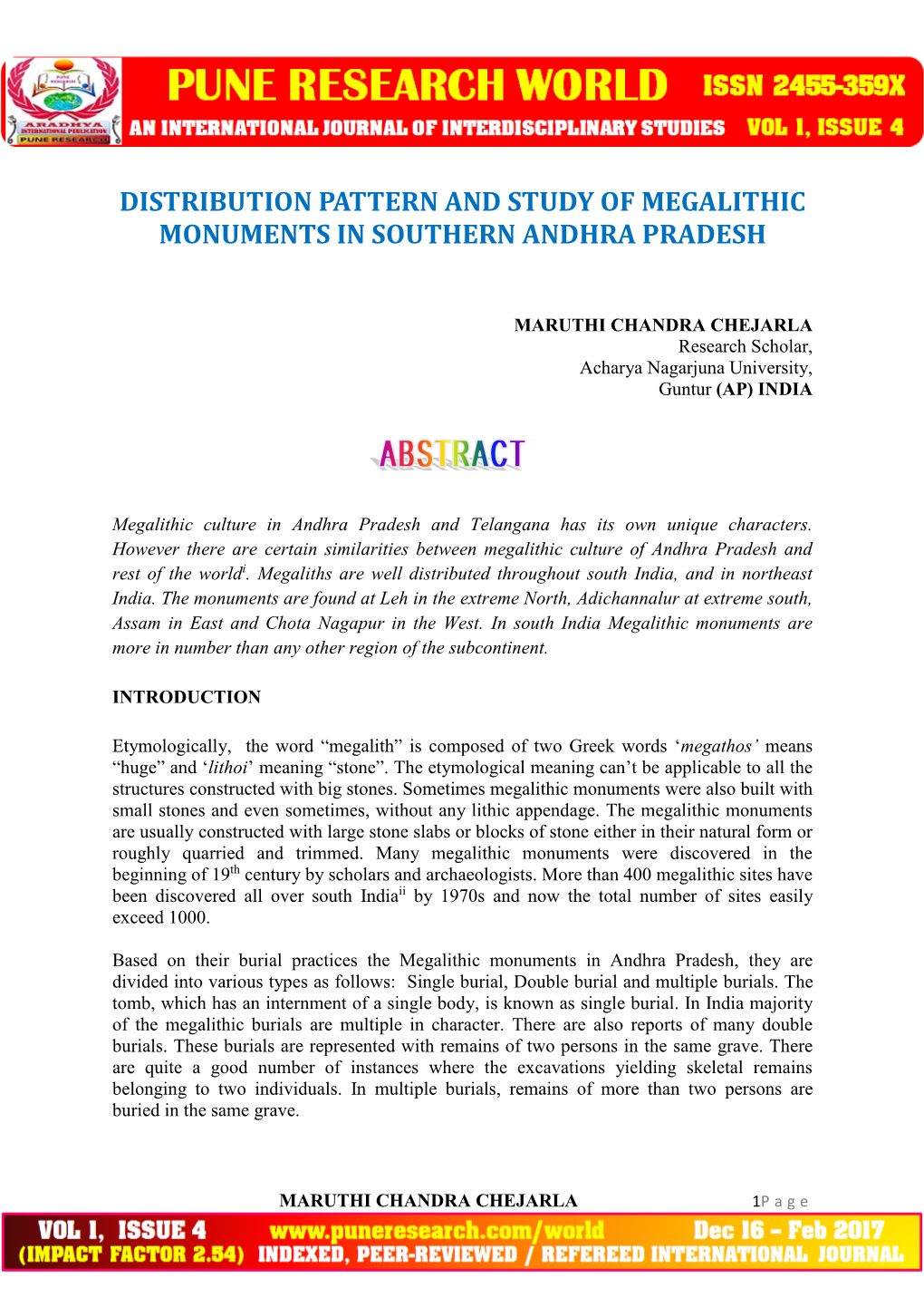 Distribution Pattern and Study of Megalithic Monuments in Southern Andhra Pradesh