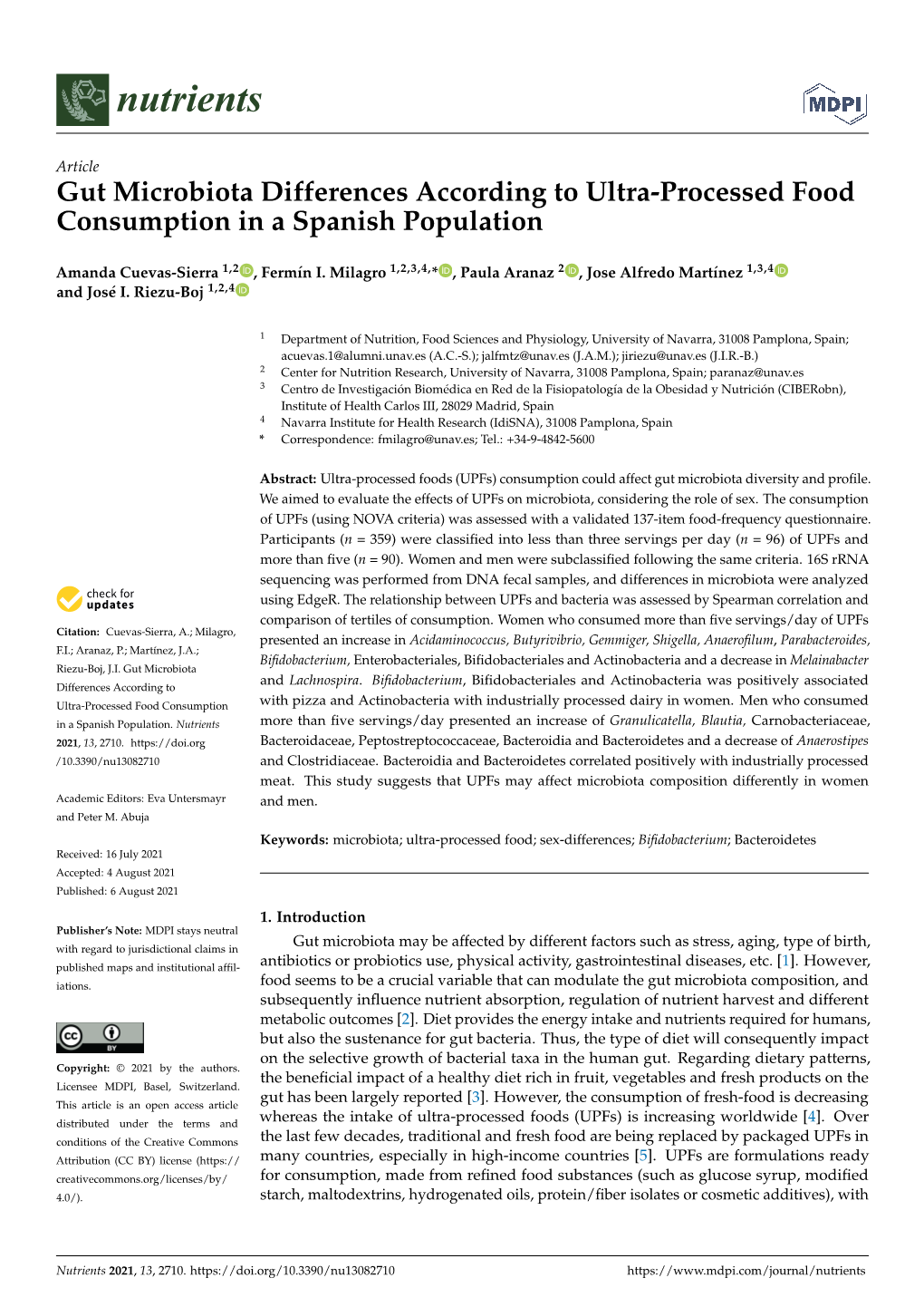 Gut Microbiota Differences According to Ultra-Processed Food Consumption in a Spanish Population