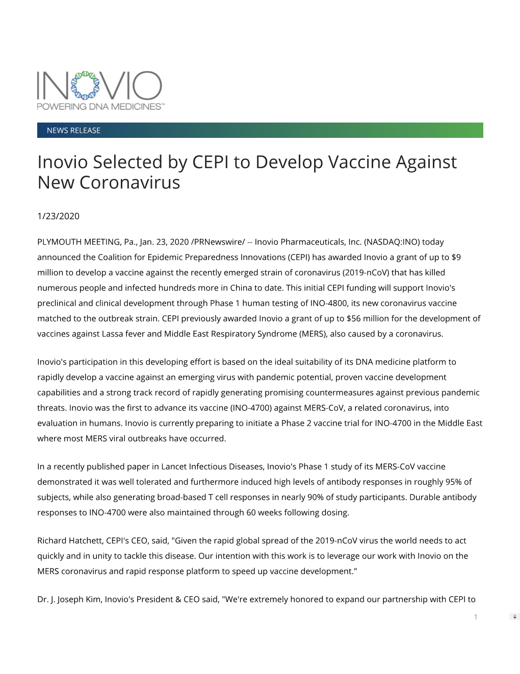 Inovio Selected by CEPI to Develop Vaccine Against New Coronavirus