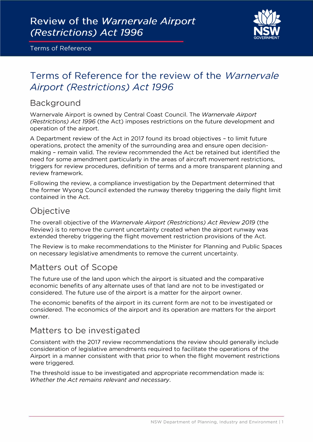 Review of the Warnervale Airport 4,Tk--- (Restrictions) Act 7996 GOVERNMENTNSW Terms of Reference