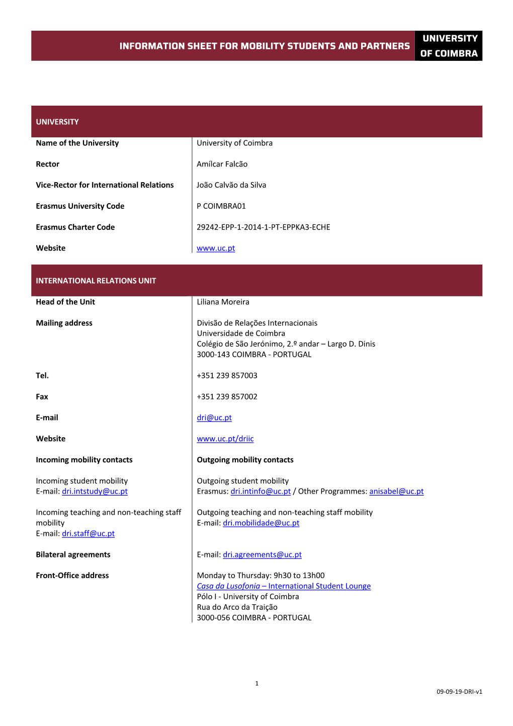 Information Sheet for Mobility Students and Partners of Coimbra