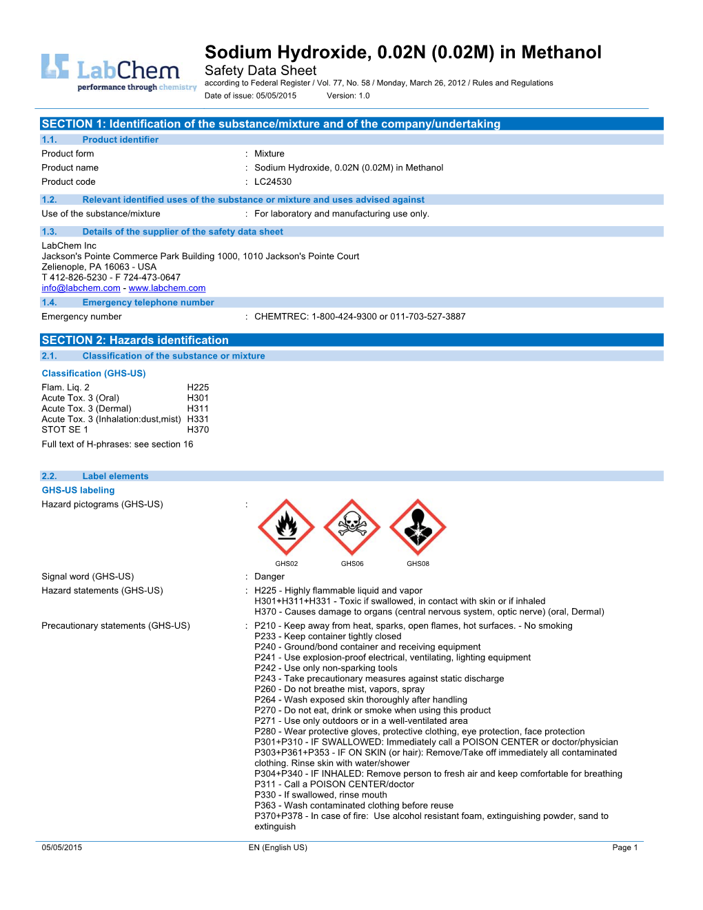 Sodium Hydroxide, 0.02N (0.02M) in Methanol Safety Data Sheet According to Federal Register / Vol