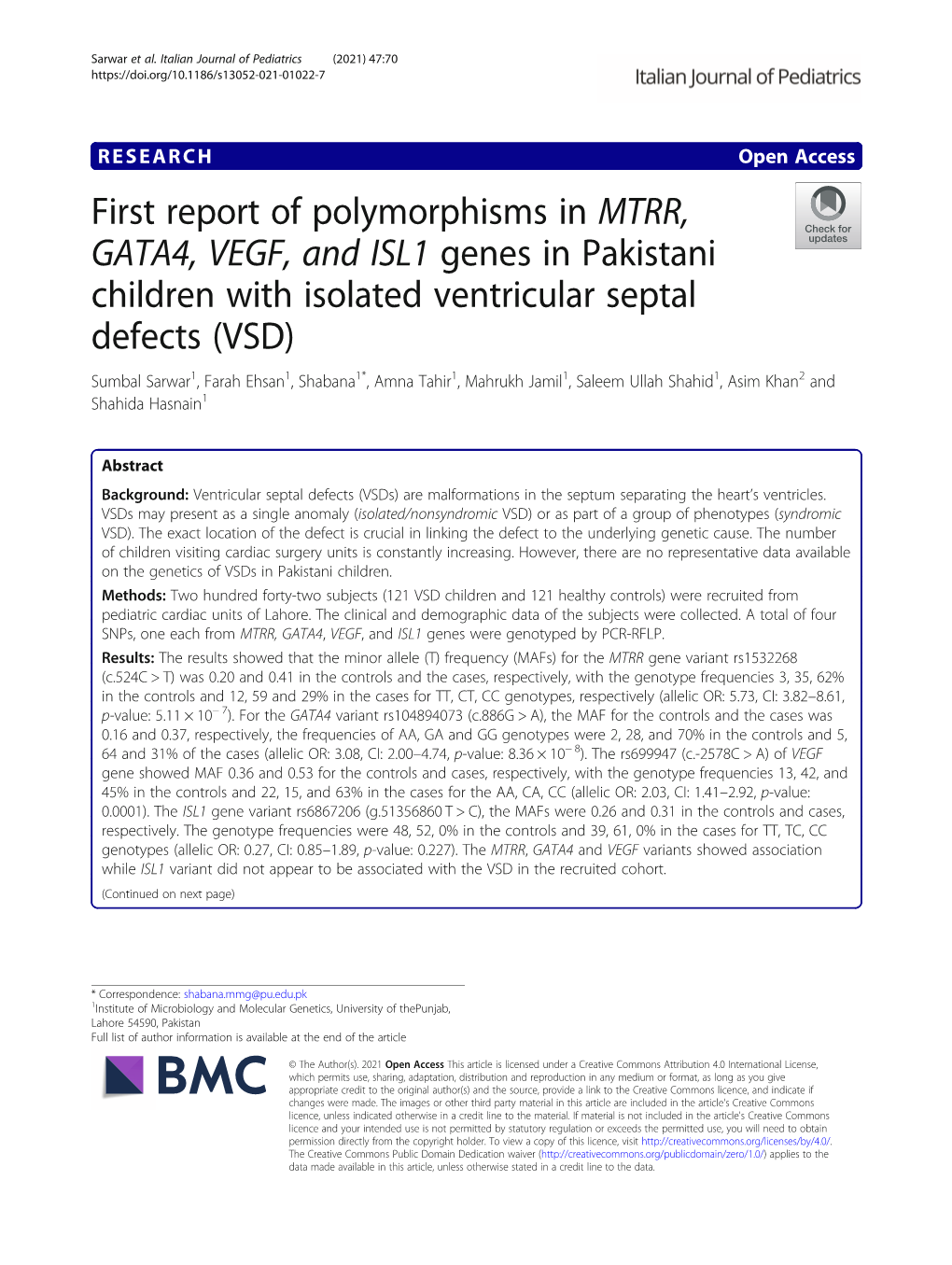 First Report of Polymorphisms in MTRR, GATA4, VEGF, and ISL1 Genes in Pakistani Children with Isolated Ventricular Septal Defect