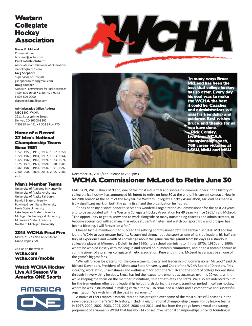 WCHA Commissioner Mcleod to Retire June 30 Western Collegiate