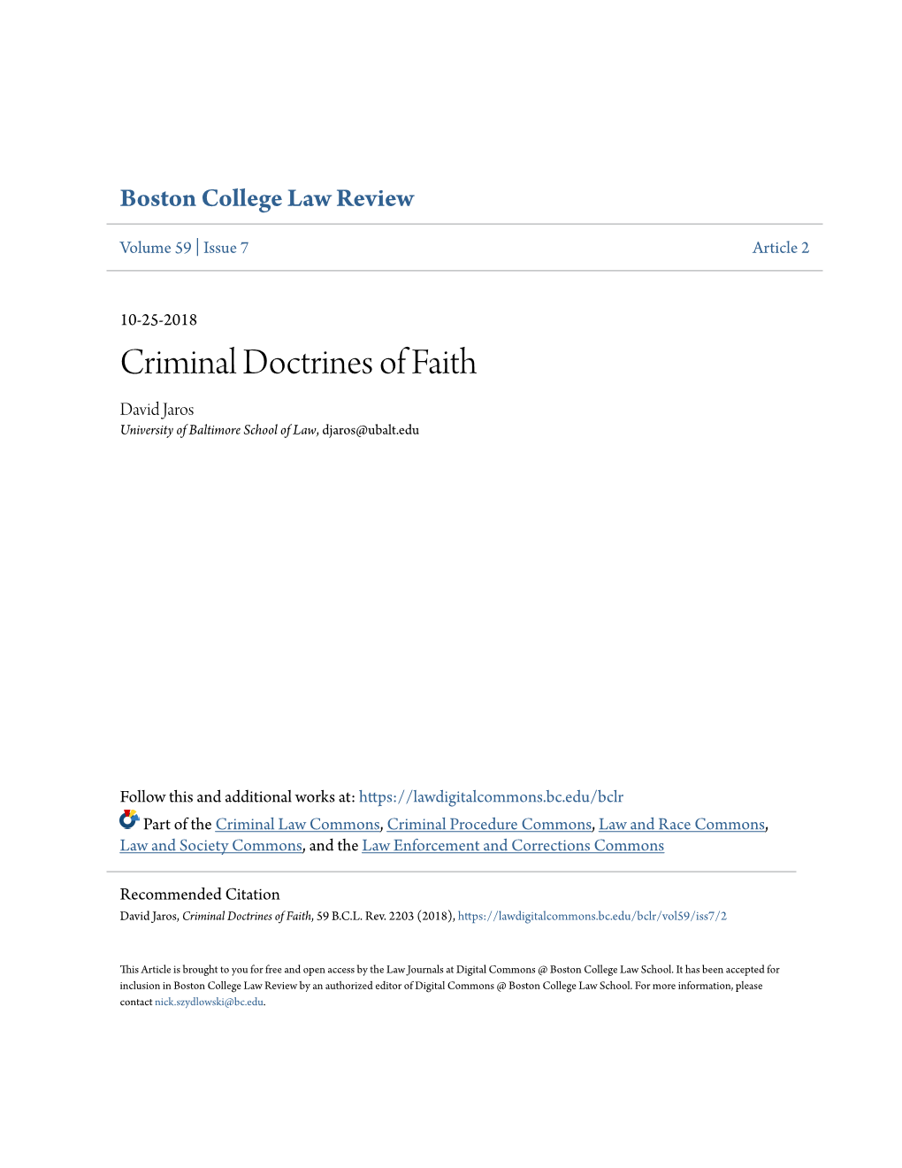 Criminal Doctrines of Faith David Jaros University of Baltimore School of Law, Djaros@Ubalt.Edu