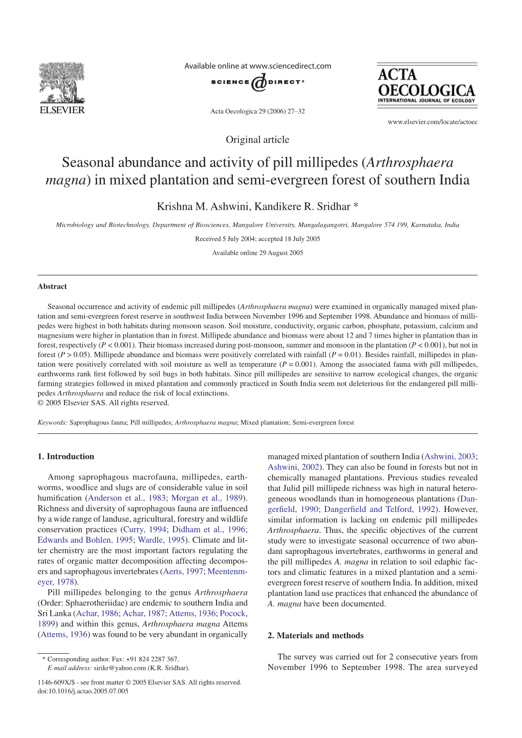 Seasonal Abundance and Activity of Pill Millipedes (Arthrosphaera Magna) in Mixed Plantation and Semi-Evergreen Forest of Southern India