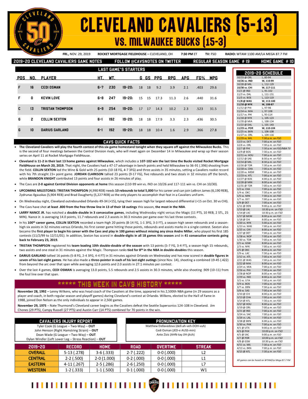 2019-20 Cleveland Cavaliers Game Notes Follow @Cavsnotes on Twitter Regular Season Game # 19 Home Game # 10