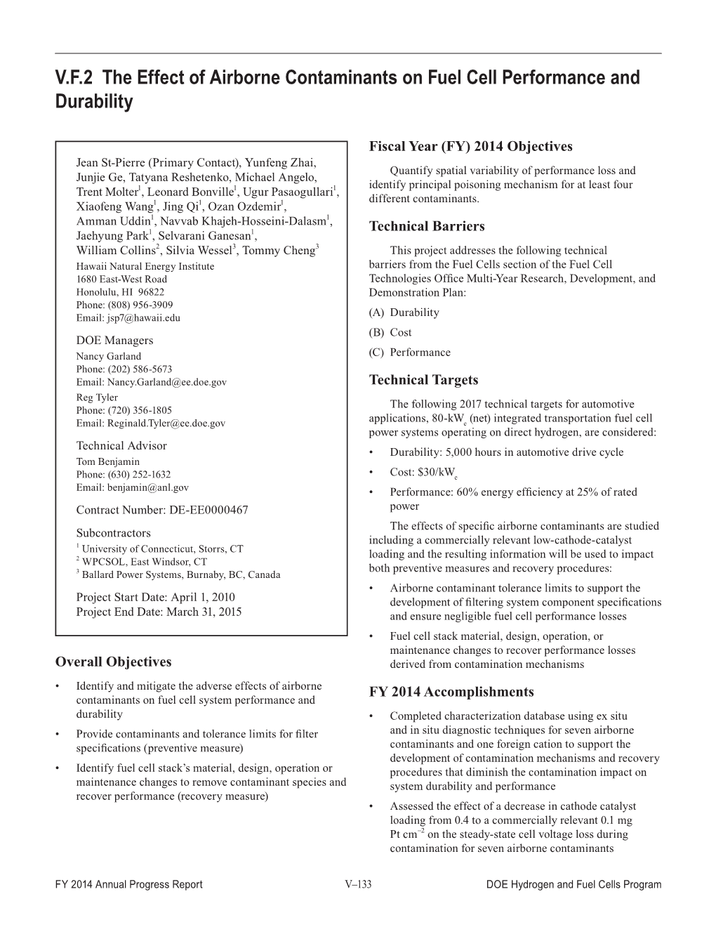 DOE Hydrogen and Fuel Cells Program FY 2014 Annual