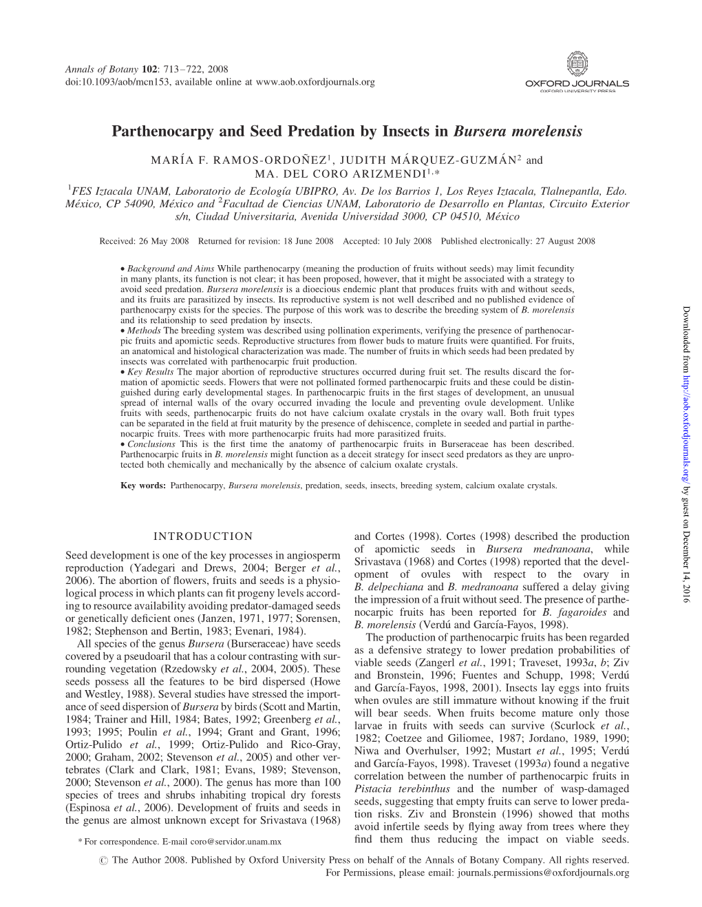 Parthenocarpy and Seed Predation by Insects in Bursera Morelensis