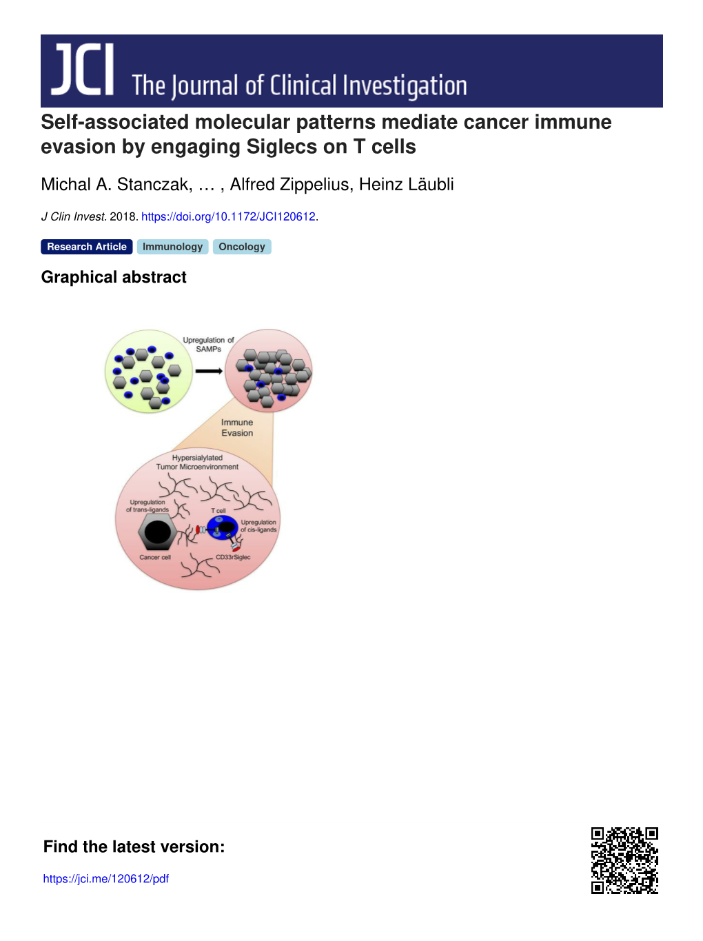 Self-Associated Molecular Patterns Mediate Cancer Immune Evasion by Engaging Siglecs on T Cells