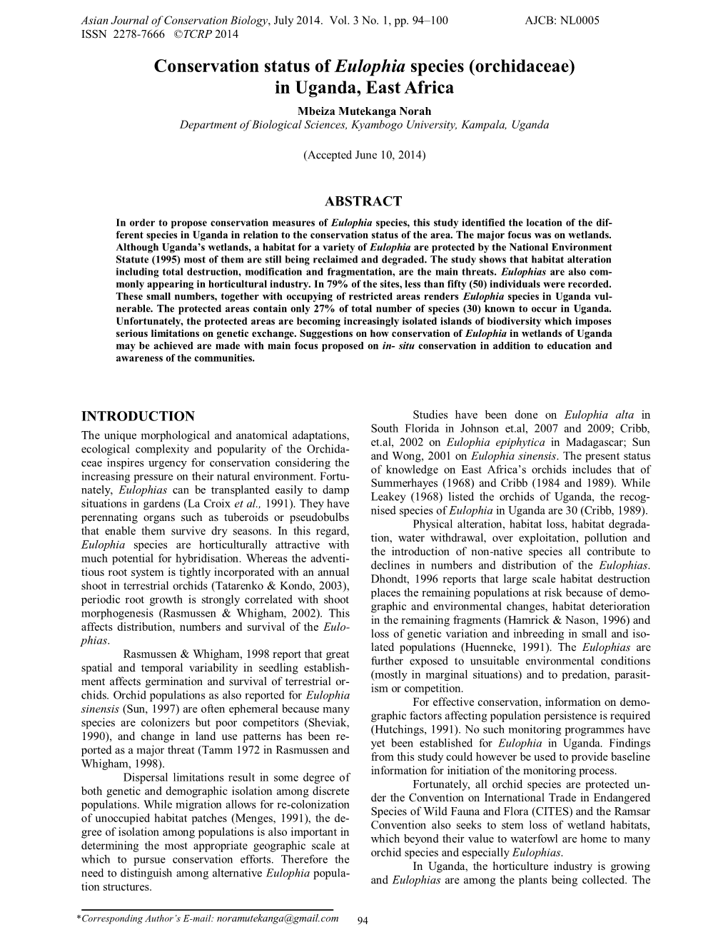 Conservation Status of Eulophia Species (Orchidaceae) in Uganda, East Africa