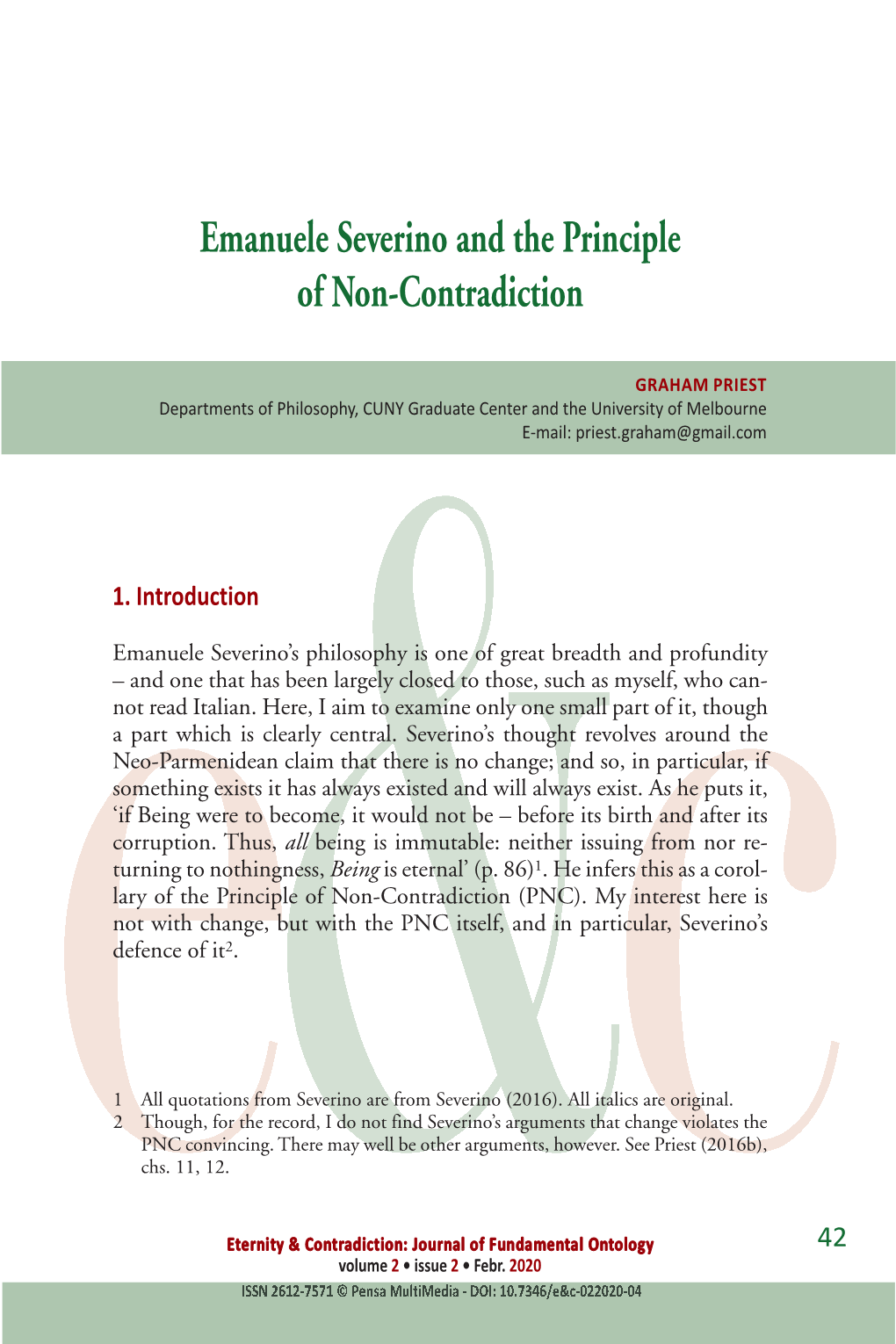 Emanuele Severino and the Principle of Non-Contradiction