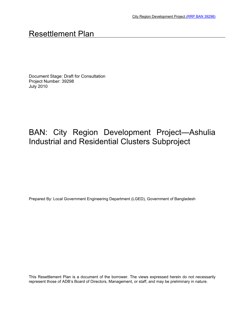 Draft RP: Bangladesh: City Region Development Project