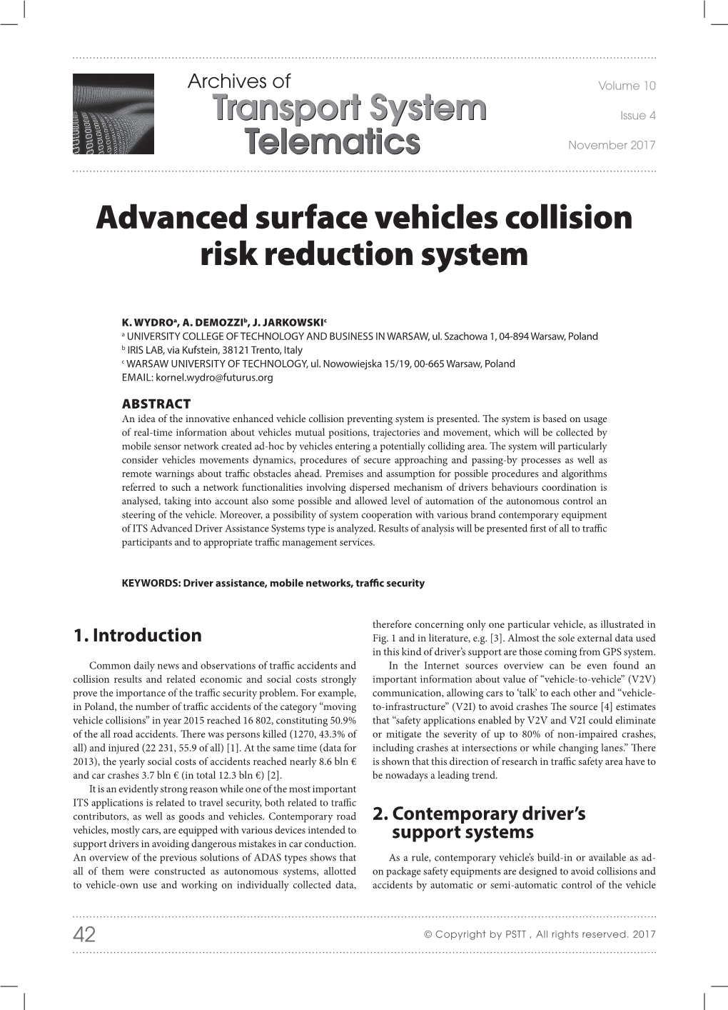 Telematics Transport System Advanced Surface Vehicles Collision