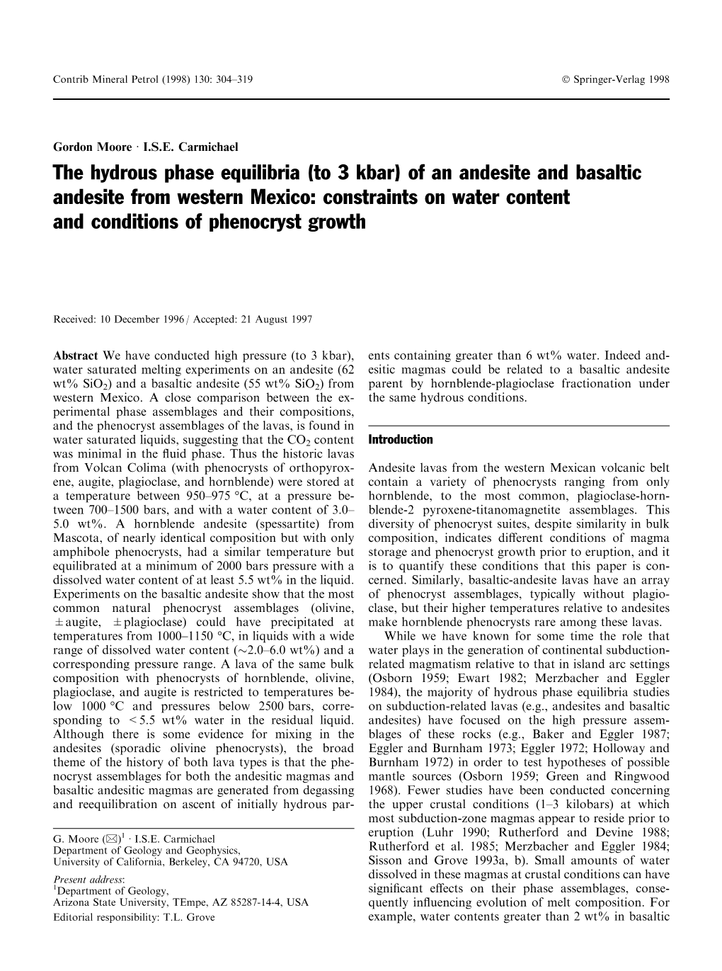 The Hydrous Phase Equilibria (To 3 Kbar) of an Andesite and Basaltic Andesite from Western Mexico: Constraints on Water Content and Conditions of Phenocryst Growth