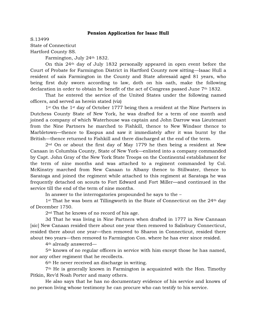 Pension Application for Isaac Hull S.13499 State of Connecticut Hartford County SS