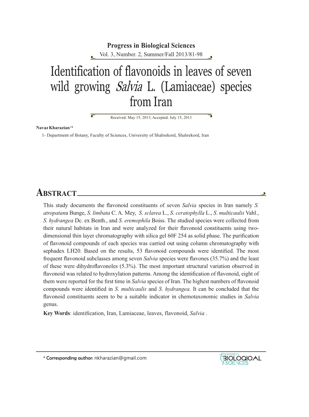 Lamiaceae) Species from Iran Received: May 15, 2013; Accepted: July 15, 2013