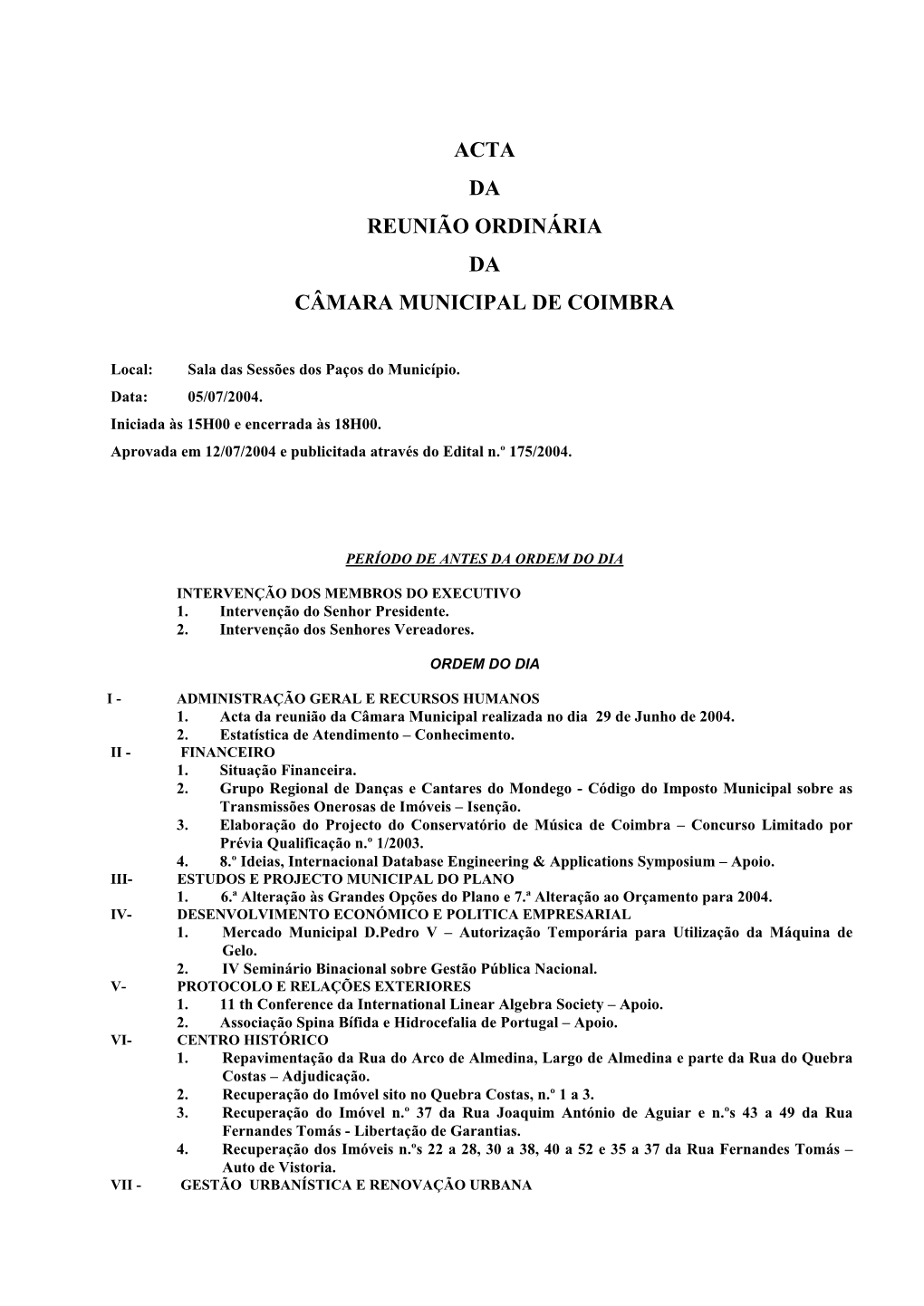 Acta Da Reunião Ordinária Da Câmara Municipal De Coimbra