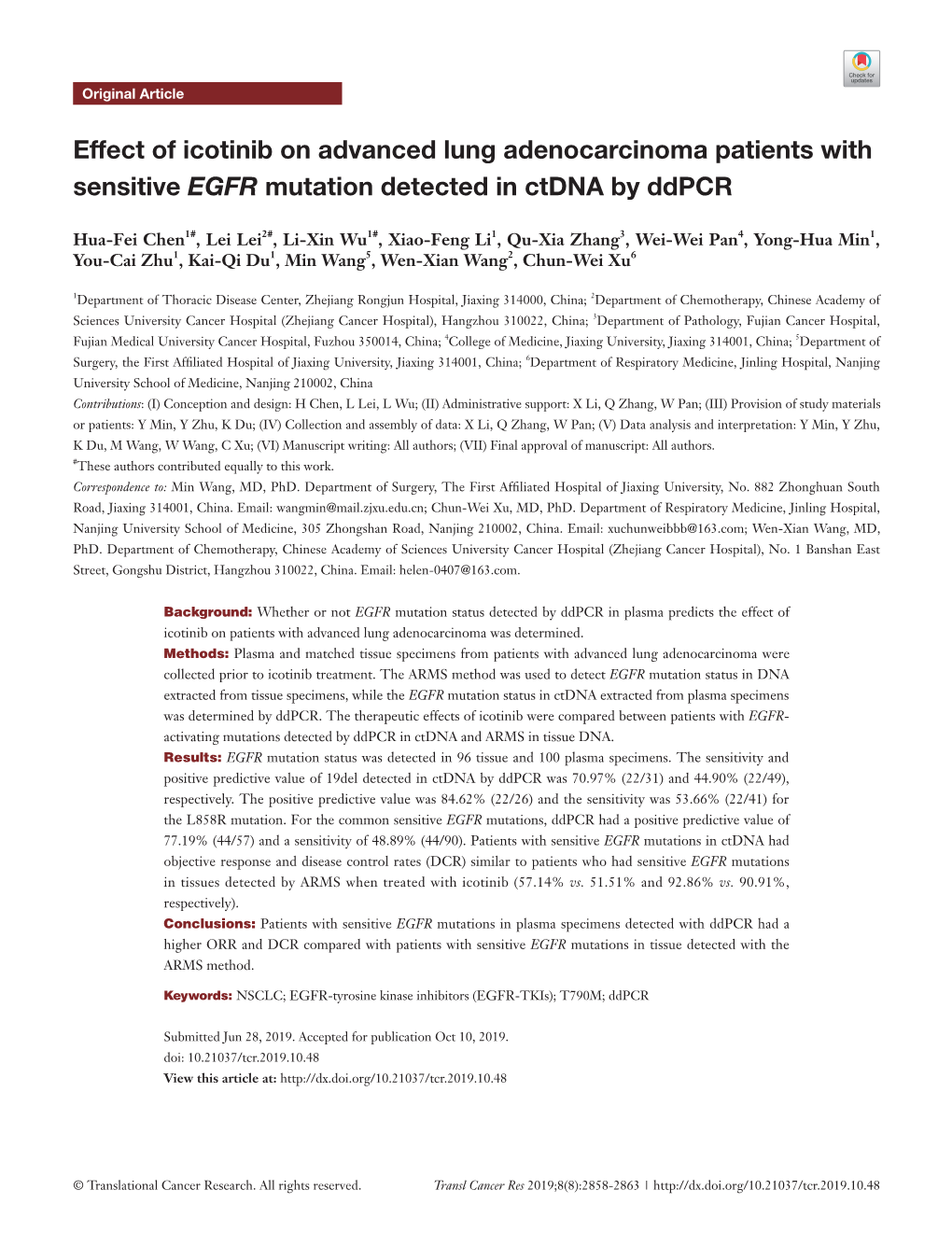Effect of Icotinib on Advanced Lung Adenocarcinoma Patients with Sensitive EGFR Mutation Detected in Ctdna by Ddpcr