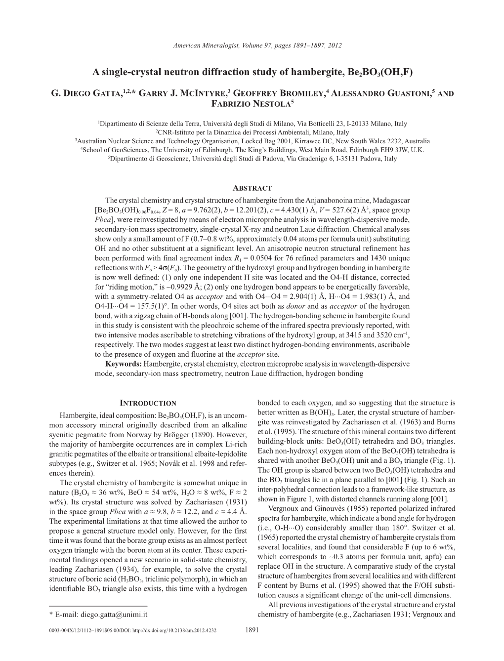 A Single-Crystal Neutron Diffraction Study of Hambergite, Be2bo3(OH,F)