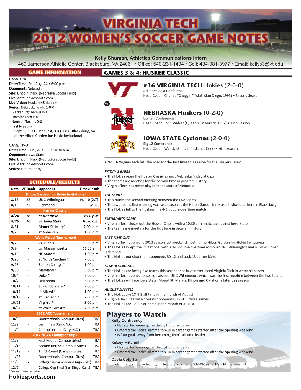 Virginia Tech 2012 Women's Soccer Game Notes