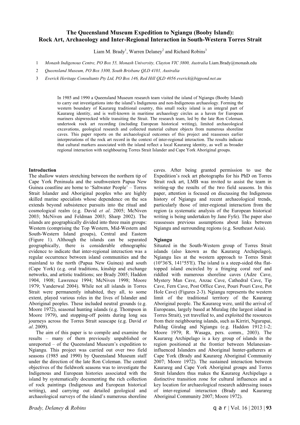 The Queensland Museum Expedition to Ngiangu (Booby Island): Rock Art, Archaeology and Inter-Regional Interaction in South-Western Torres Strait