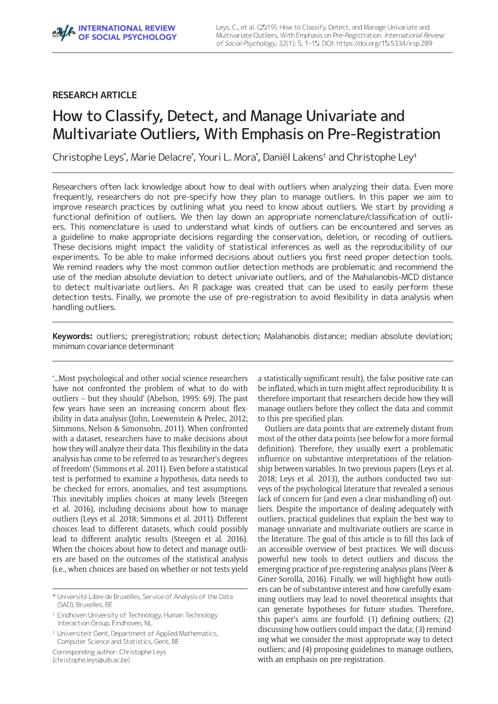 How to Classify, Detect, and Manage Univariate and Multivariate Outliers, with Emphasis on Pre-Registration