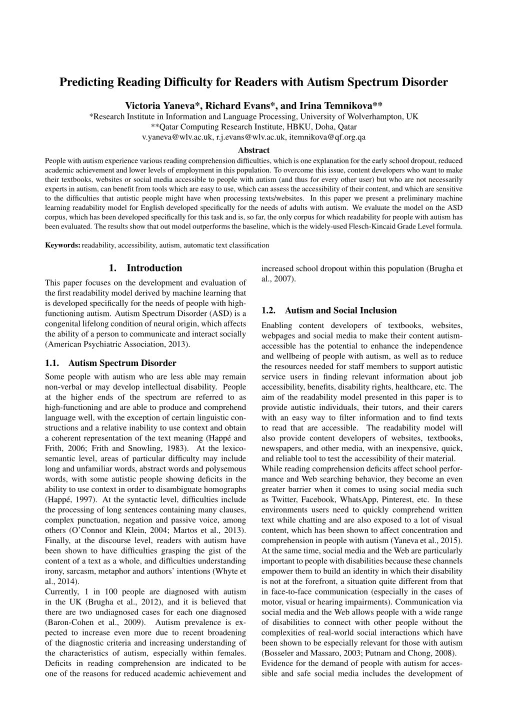 Predicting Reading Difficulty for Readers with Autism Spectrum