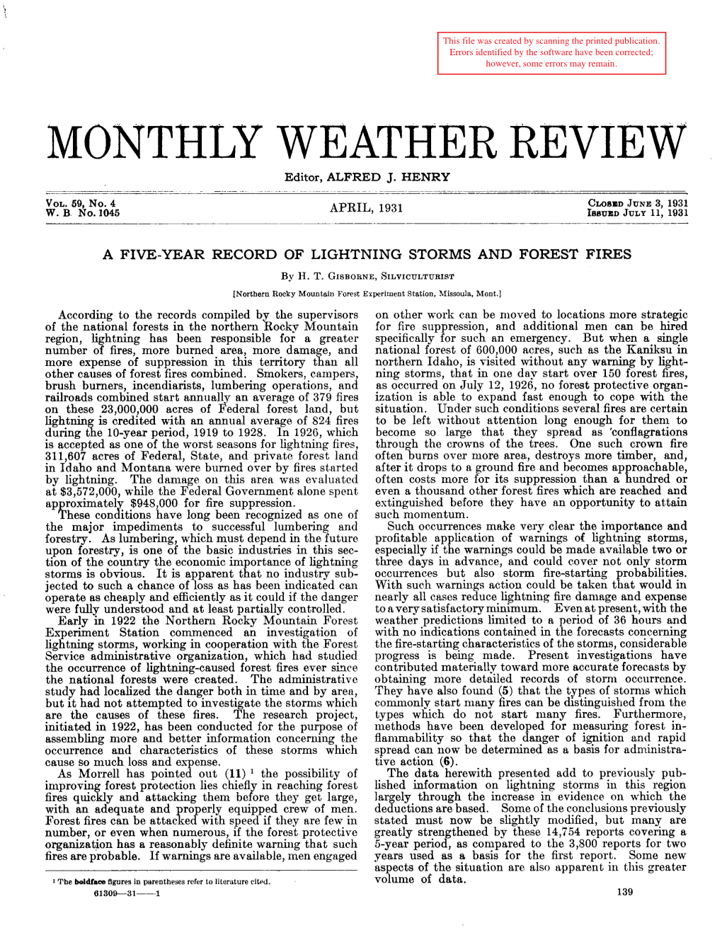 A FIVE-YEAR RECORD of LIGHTNING STORMS and FOREST FIRES by H