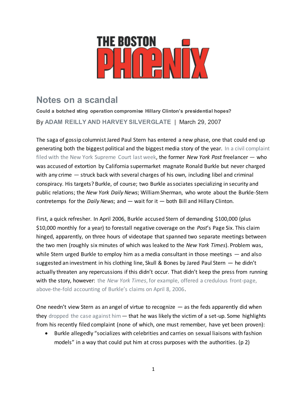 Notes on a Scandal Could a Botched Sting Operation Compromise Hillary Clinton’S Presidential Hopes? by ADAM REILLY and HARVEY SILVERGLATE | March 29, 2007