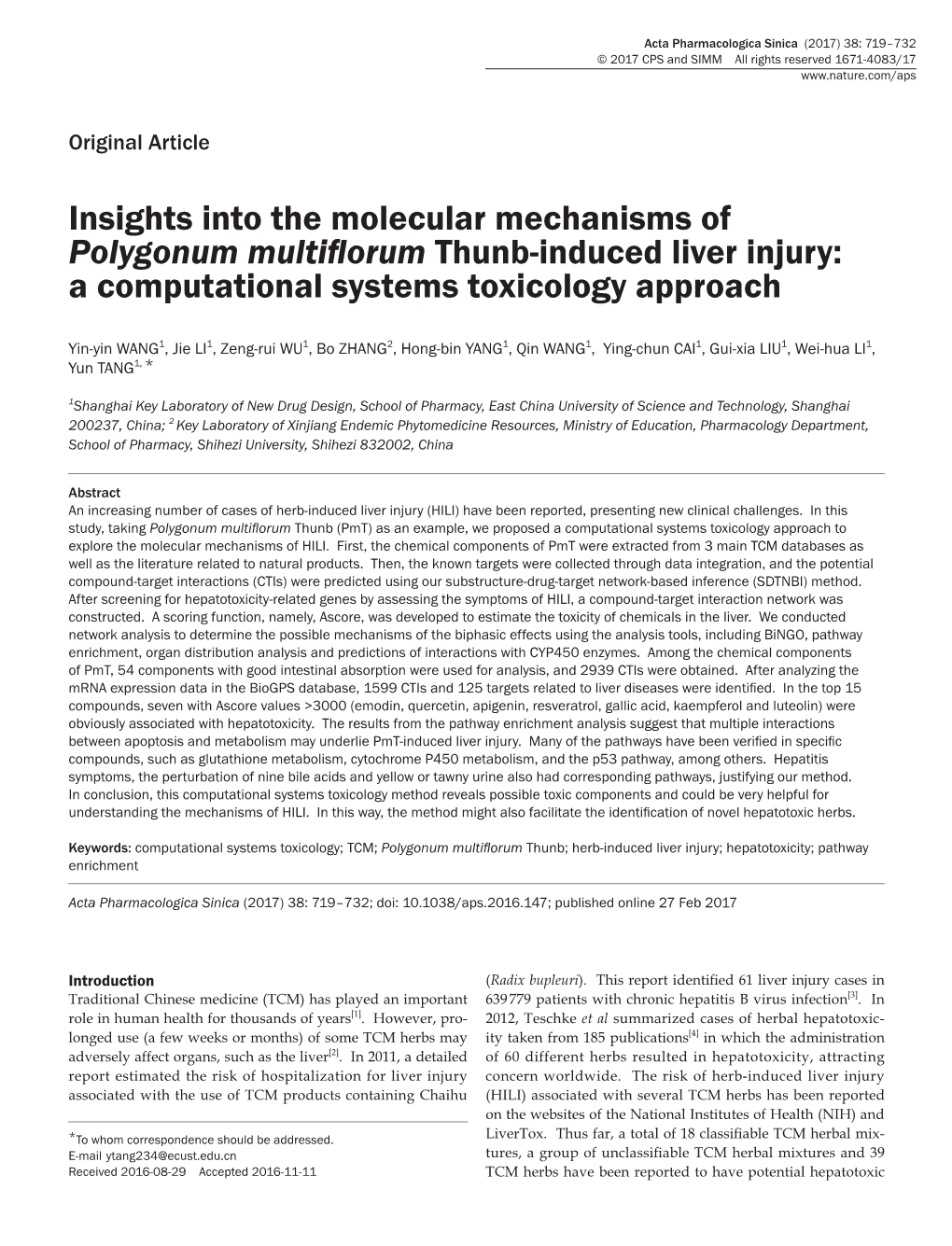 Insights Into the Molecular Mechanisms of Polygonum Multiflorum Thunb-Induced Liver Injury: a Computational Systems Toxicology Approach