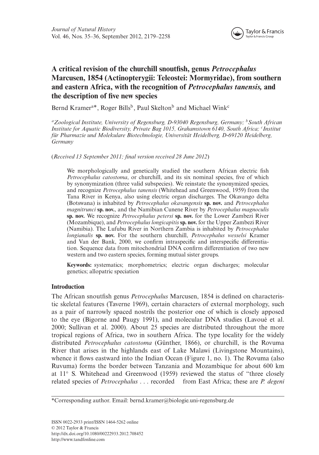 A Critical Revision of the Churchill Snoutfish, Genus Petrocephalus