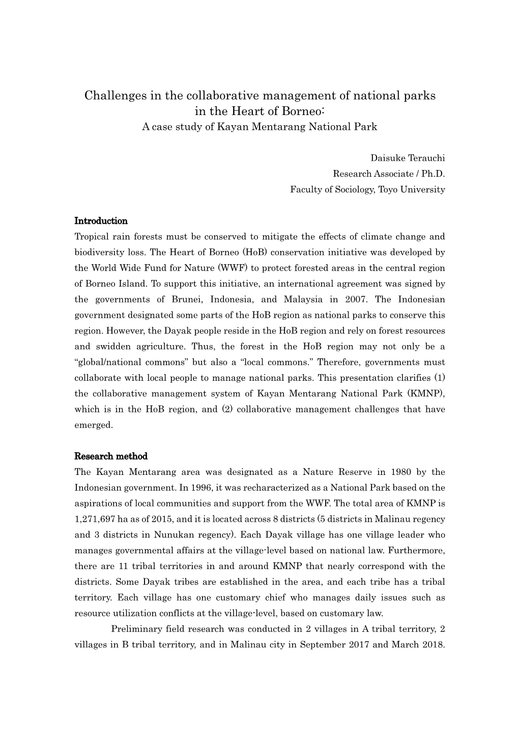 Challenges in the Collaborative Management of National Parks in the Heart of Borneo: a Case Study of Kayan Mentarang National Park