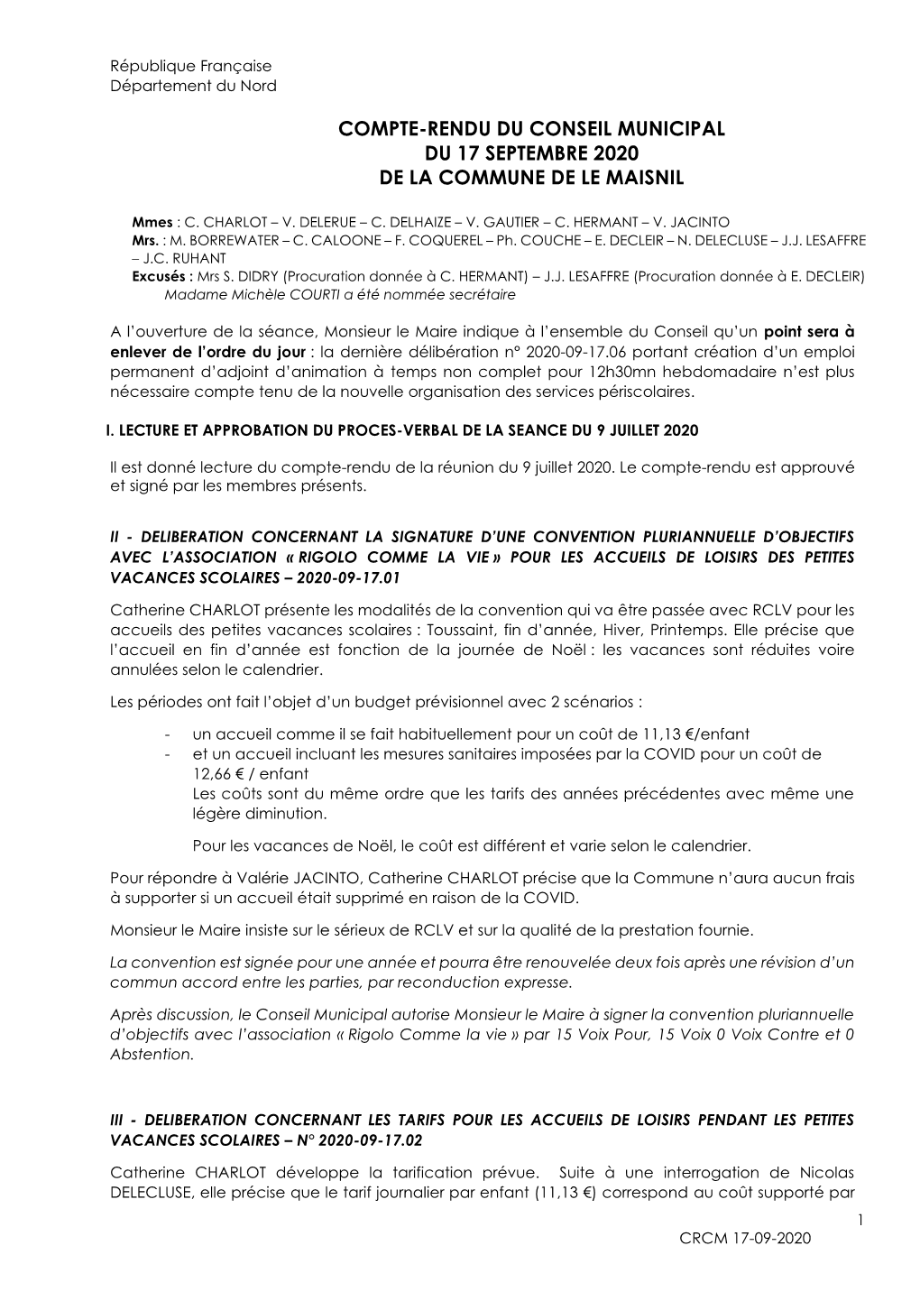 Compte-Rendu Du Conseil Municipal Du 17 Septembre 2020 De La Commune De Le Maisnil