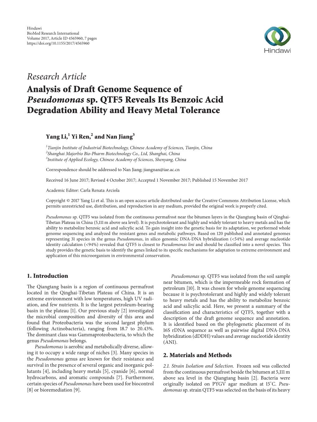 Analysis of Draft Genome Sequence of Pseudomonas Sp. QTF5 Reveals Its Benzoic Acid Degradation Ability and Heavy Metal Tolerance