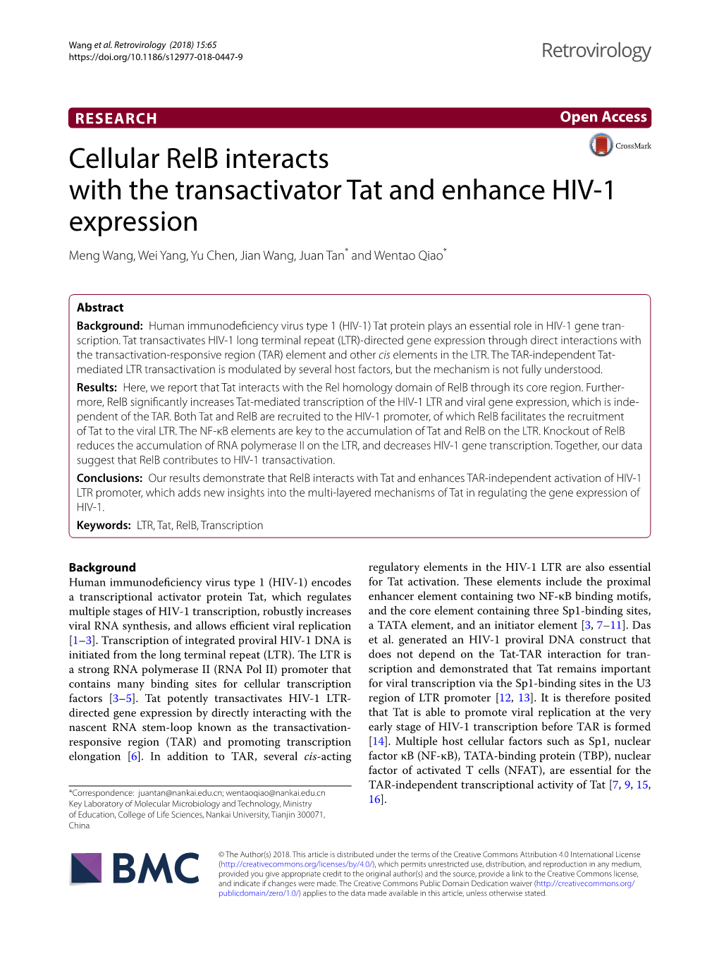 Cellular Relb Interacts with the Transactivator Tat and Enhance HIV‑1 Expression Meng Wang, Wei Yang, Yu Chen, Jian Wang, Juan Tan* and Wentao Qiao*