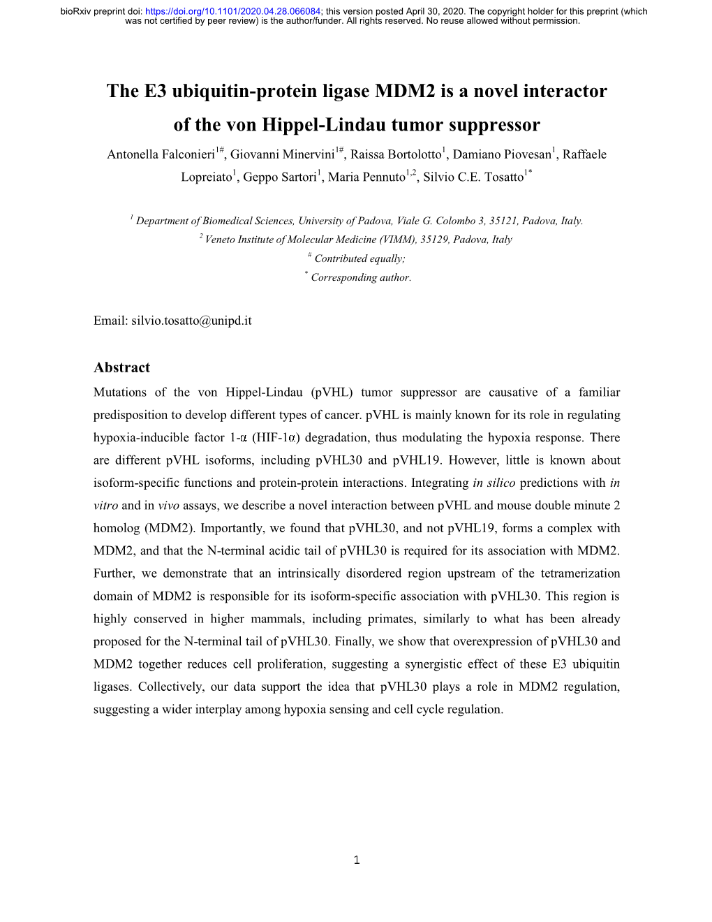 The E3 Ubiquitin-Protein Ligase MDM2 Is a Novel Interactor of the Von Hippel-Lindau Tumor Suppressor