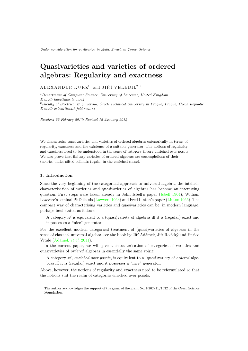 Quasivarieties and Varieties of Ordered Algebras: Regularity and Exactness