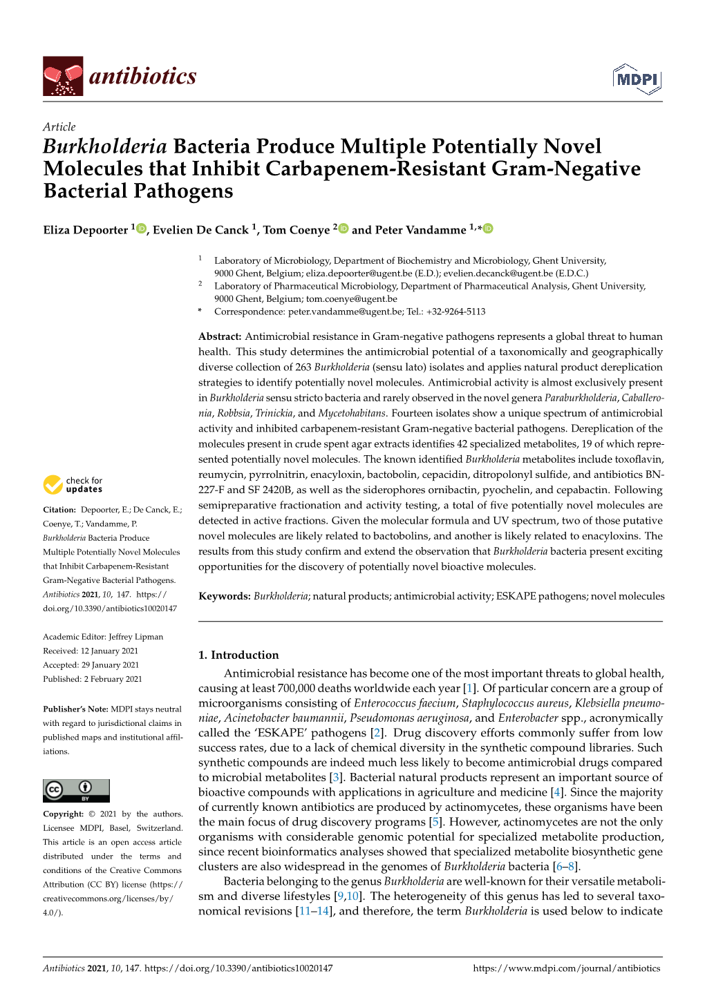 Burkholderia Bacteria Produce Multiple Potentially Novel Molecules That Inhibit Carbapenem-Resistant Gram-Negative Bacterial Pathogens