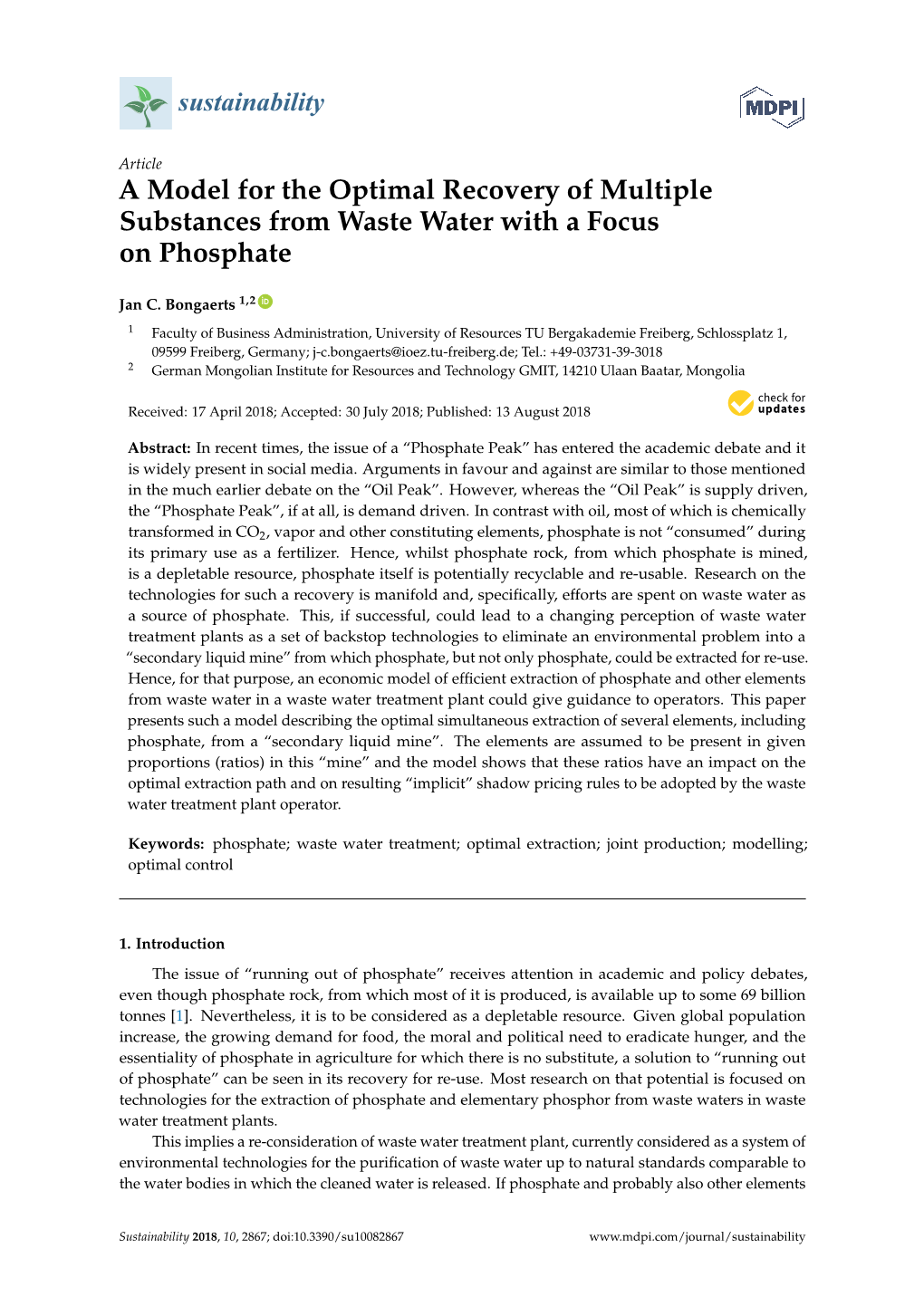 A Model for the Optimal Recovery of Multiple Substances from Waste Water with a Focus on Phosphate
