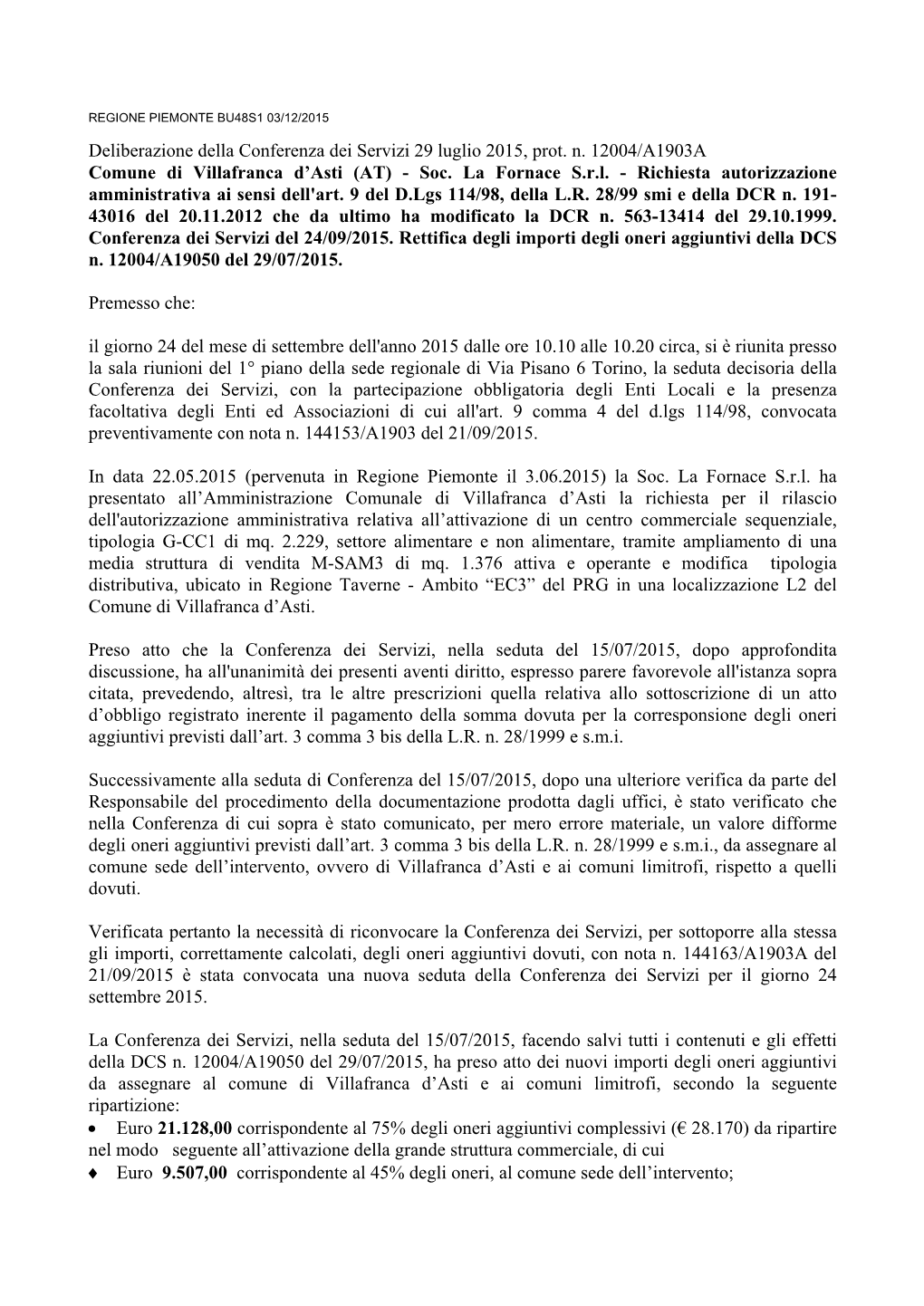 Deliberazione Della Conferenza Dei Servizi 29 Luglio 2015, Prot. N