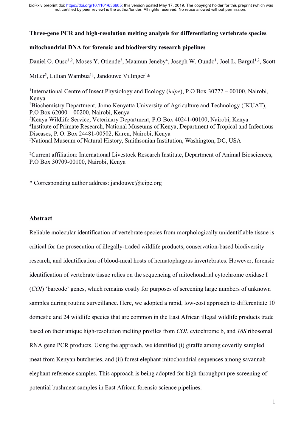 Three-Gene PCR and High-Resolution Melting Analysis for Differentiating Vertebrate Species Mitochondrial DNA for Forensic and Biodiversity Research Pipelines