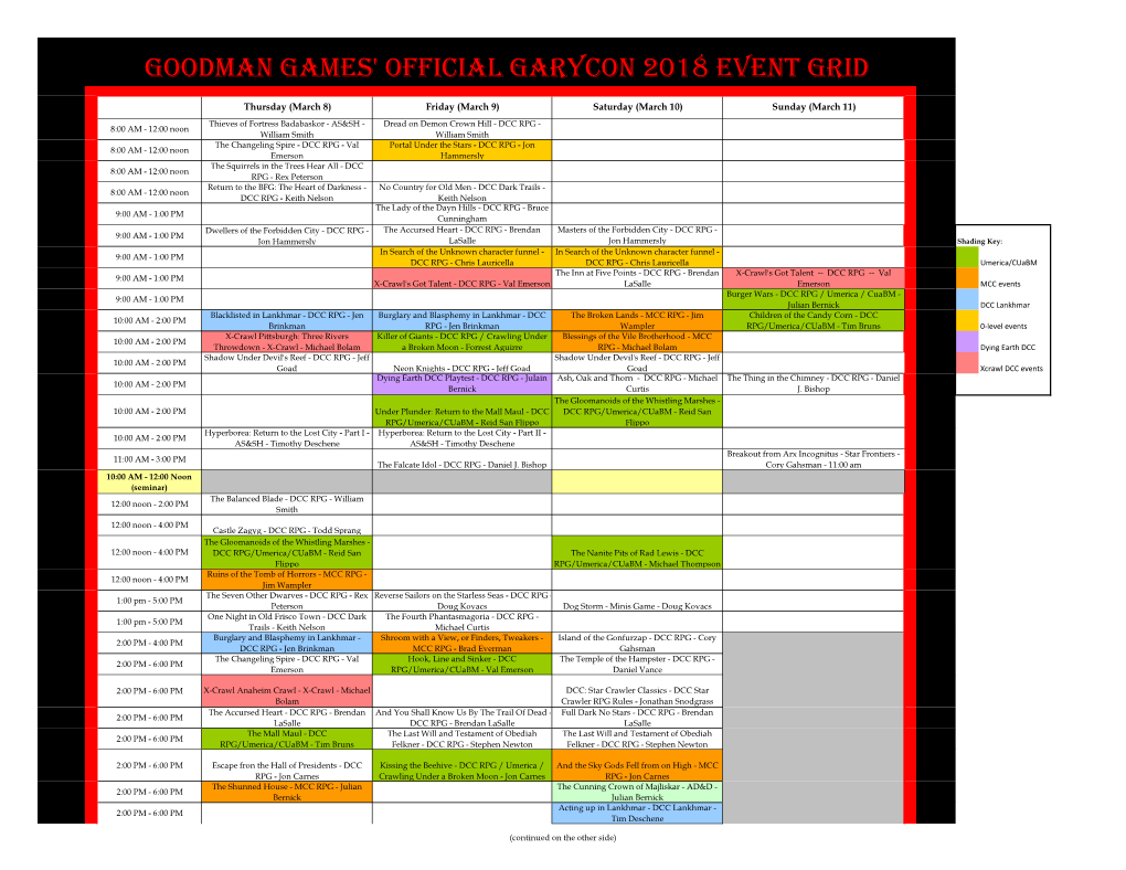 Goodman Games' Official Garycon 2018 Event Grid
