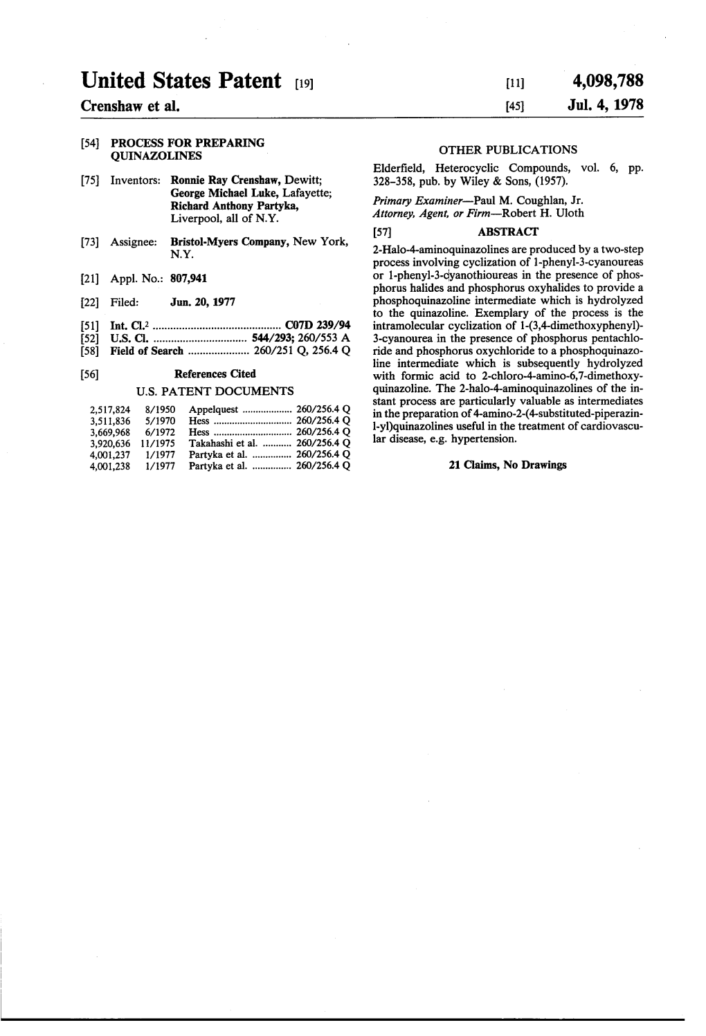 United States Patent (19) 11 4,098,788 Crenshaw Et Al