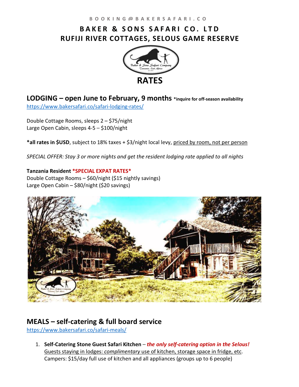Baker & Sons Safari Co. Ltd Rufiji River Cottages, Selous Game Reserve