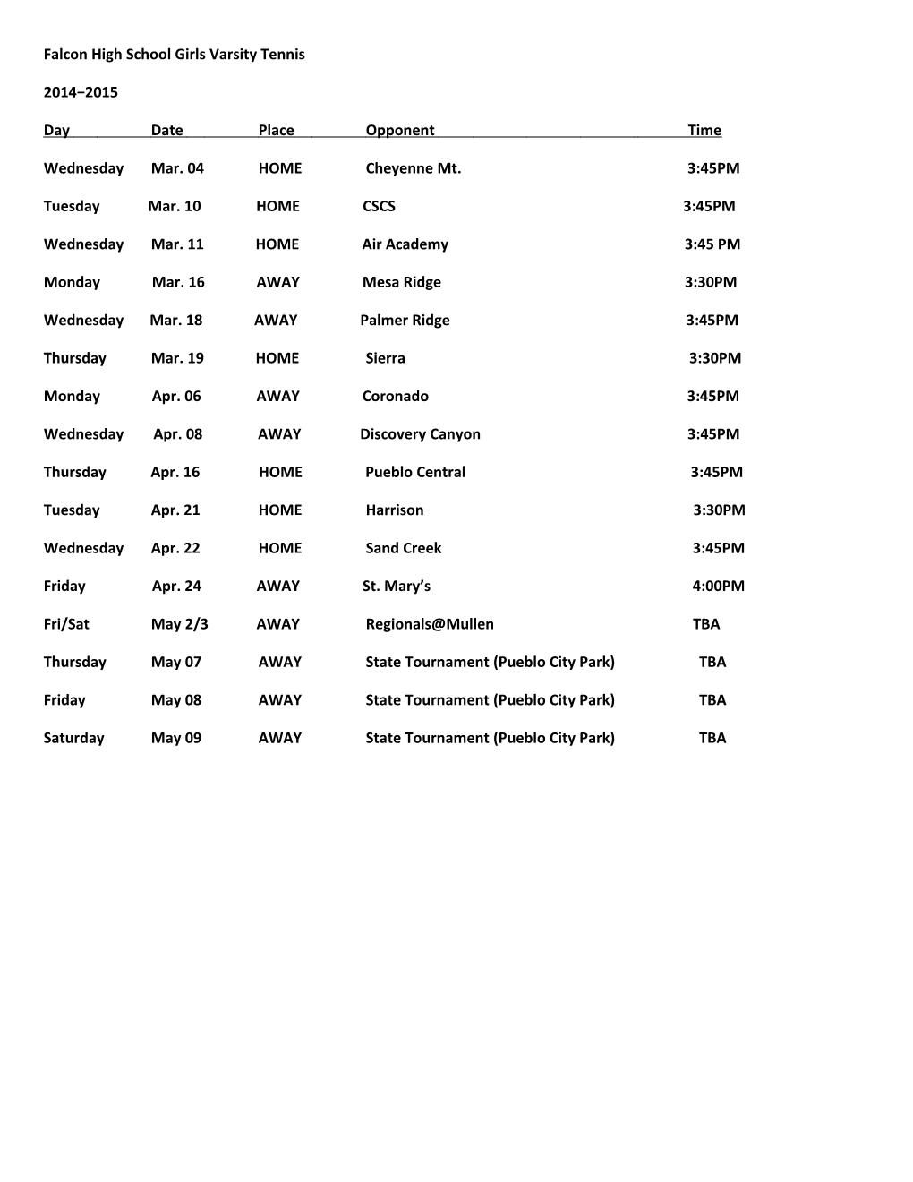 Falcon High School Girls Varsity Tennis