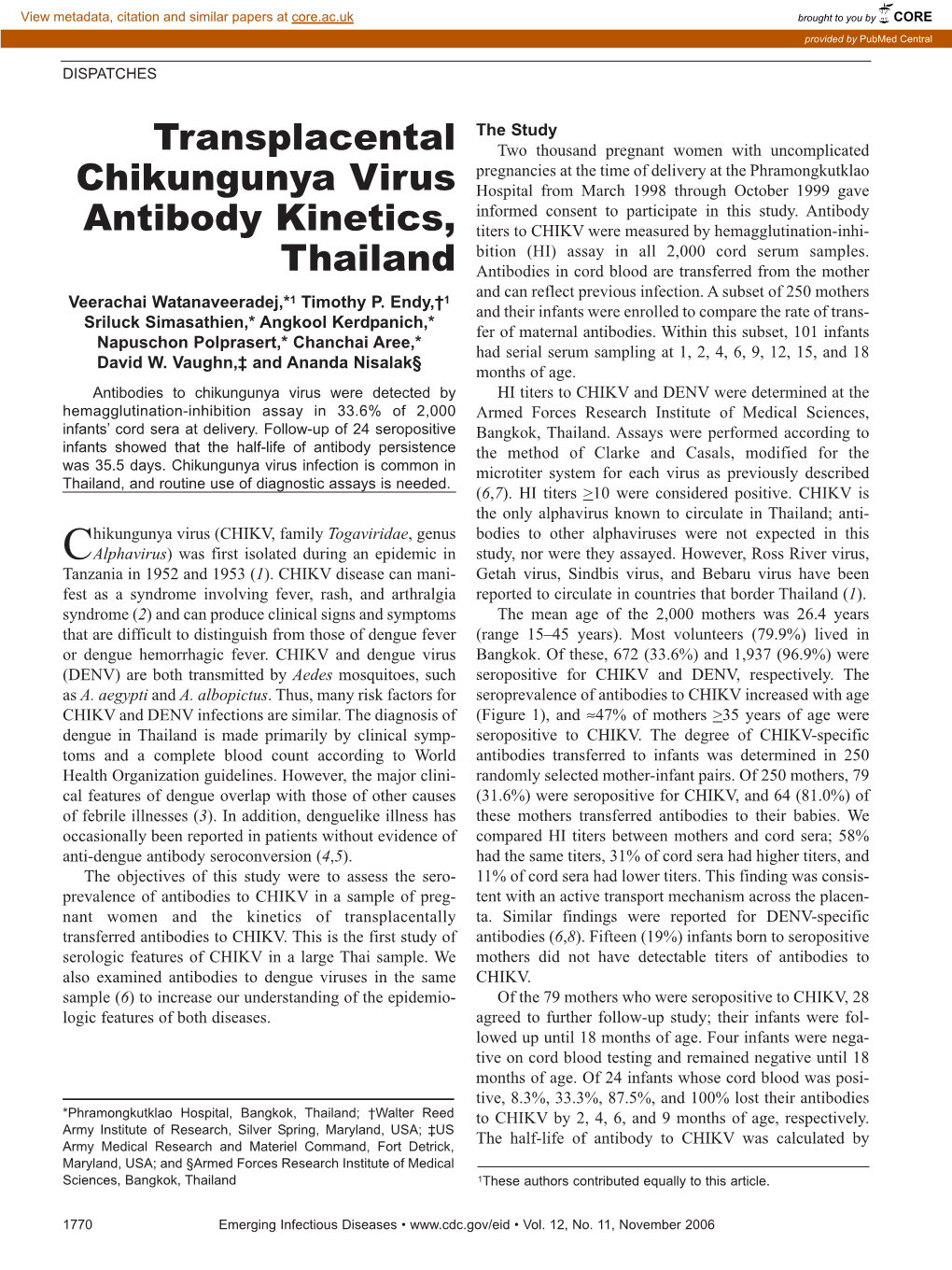 Transplacental Chikungunya Virus Antibody Kinetics, Thailand