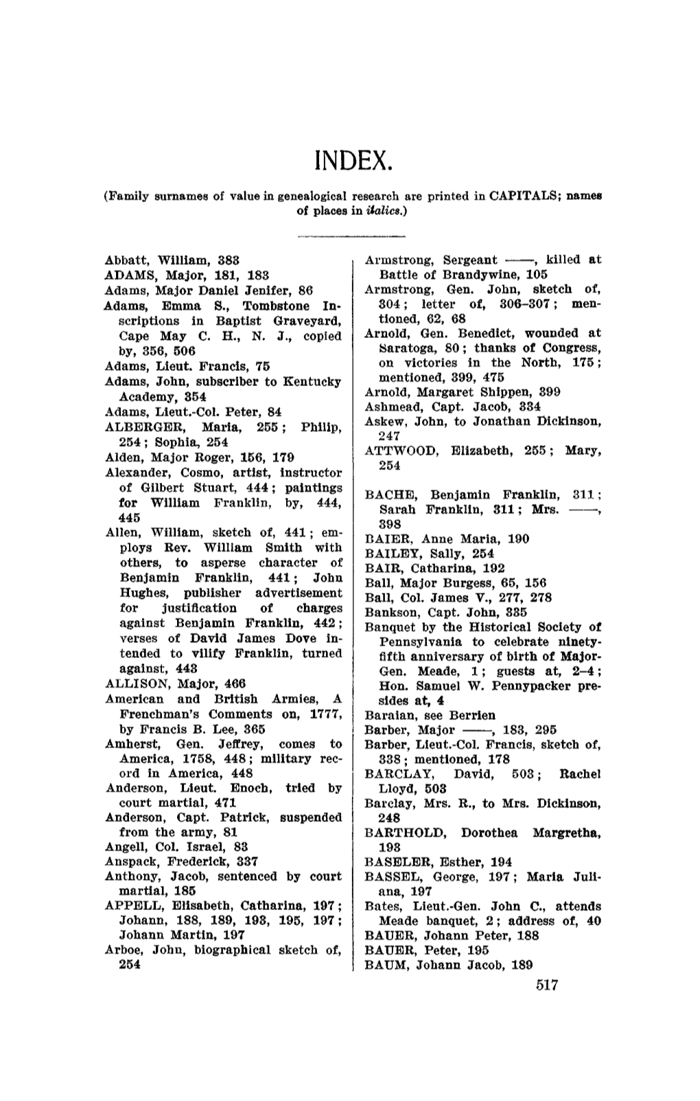 INDEX. (Family Surnames of Value in Genealogical Research Are Printed in CAPITALS; Names of Places in Italics.)