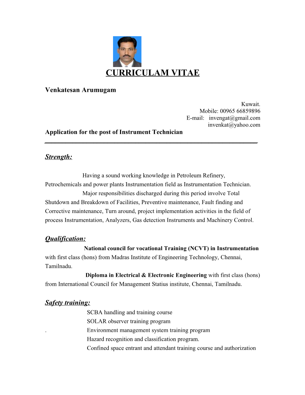 Application for the Post of Instrument Technician